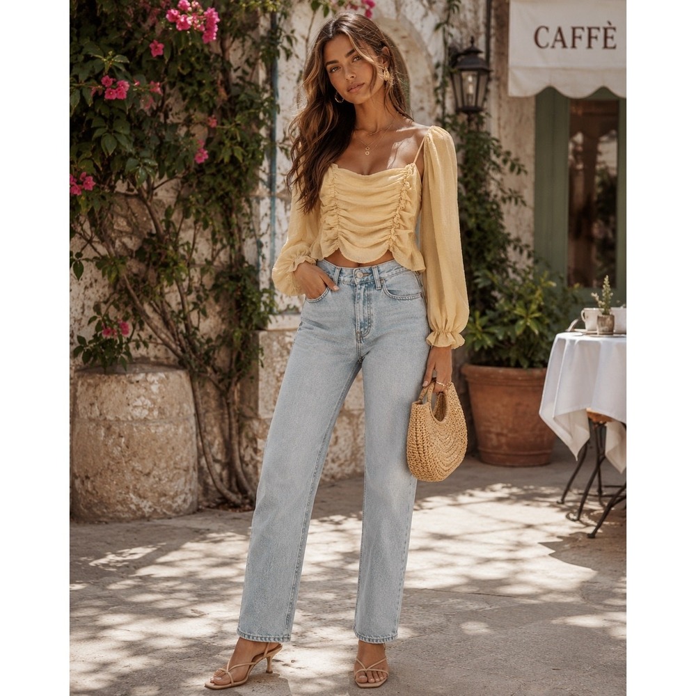 ASTR The Label Crop‎ Top Womens L Yellow Good Ruched Puff Sleeve Smocked Back